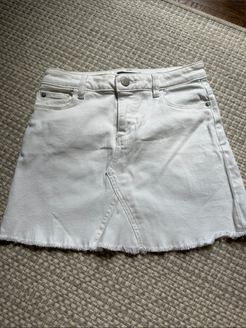 DL1961 White Denim A-Line Mini Skirt with Raw Hem